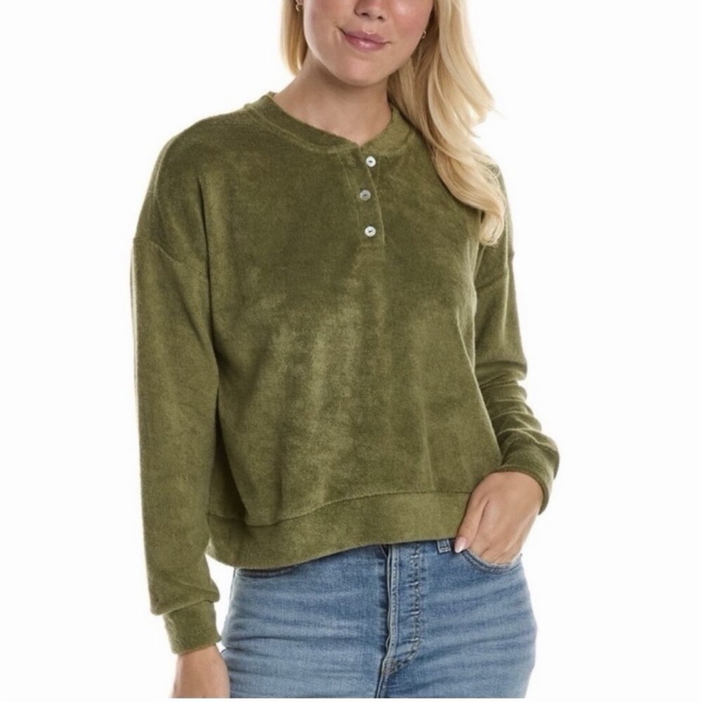 Donni Henley Sweatshirt Medium Olive Green Terry Pullover Casual Cotton Blend
